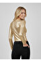 Women's Gold Metallic Leather-Look V-Neck Crop Blouse Nj38 - 3
