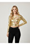 Women's Gold Metallic Leather-Look Front Window Crop Blouse Nj23 - 2