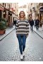 Striped Buttoned Polo Neck Women's Gray Color Knitwear Sweater