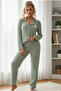 Green Teddy Bear Embroidery Soft Winter Buttoned Waffle Knitted Pajamas Suit 7988 - 2