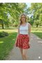 Red High Waist Elastic Waist Mid-Length Skirt Helen Fabric Floral Skirt with Shorts Mdmhelenorta02Etek