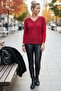 Red V-Neck Long Sleeve Slim Casual Openwork Knitwear Sweater 65 60 - 6