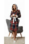 Navy Blue Red Plaid Hooded Plush Detailed Belted Dressing Gown - 4