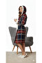 Navy Blue Red Plaid Hooded Plush Detailed Belted Dressing Gown - 2