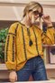 Women's Mustard Oversized Balloon Sleeve Embroidered Wide Fit Cotton Blouse with Tassels at the Neck - 2