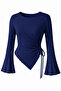 Navy Blue Crew Neck Draped Detail Bell Sleeve Modest-Compatible Top Blouse - 3