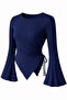 Navy Blue Crew Neck Draped Detail Bell Sleeve Modest-Compatible Top Blouse