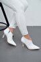 White Skin 8.5cm Thin Heel Zipper Pointed Toe Women's Short Boots