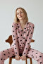 Heart Patterned Milan Fabric Shirt Collar Powder Women's Pajama Set - 3