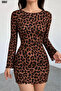 Women's Trend Leopard Pattern Crew Neck Long Sleeve Mini Dress - 2