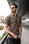 Light Brown Half Zip Polo Neck Knitwear Men's T-Shirt E7459 - 4
