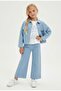 Girl's Button Closure Double Flap Pocket Denim Jacket T-Shirt Adjustable Waist Denim Pants Set