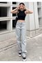 Blue Snow Wash Buckle Detailed Loose Fitting Wide Leg Comfortable Baggy Jean Loose Women's Trousers - 2