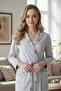 Women's Blue Shawl Collar Floral Pattern Detailed Special Design Belted Plus Size (Oversized) Dressing Gown - 6