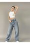 Blue Tint Baggy Buckle Detail Loose Fit Wide Leg Comfortable Baggy Jean Denim Baggy Women's Pants