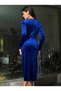Women's Long Sleeve Double Breasted Collar Side Gathered Midi Velvet Dress - 3