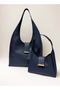 Women's Double Set Large and Small Size Snap Closure Navy Blue Shopper Tote Hand and Shoulder Bag