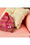 Hand Knitted Striped Pattern Baby Beanie Orange Pink Block Pattern with Glitter Bird Figure - 2