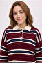 Women's Burgundy Striped Polo Neck Buttoned Oversized Off Shoulder Long Sleeve Knitwear Sweater - 4
