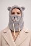 Plush Balaclava Grey Pocketed Bear Detail Eared Teddy Bear - Soft Balaclava Beanie Headgear