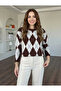 Women's Brown Diamond Patterned Crew Neck Oversized Soft Textured Knitwear Sweater - 3