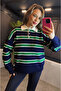 Green-Navy Blue Striped Polo Neck Sweater - 8