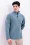 Men's Blue Mock Neck Half Zip Basic Sweatshirt - 6