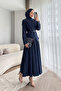Dila Cupra Tansel Fabric Belted Hijab Set - Navy Blue - 4