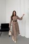 women's beige mock neck tie-detail chiffon fabric long sleeve midi dress NBELB01 - 4
