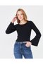 Women's Wide Round Neck Bebe Overlock Detailed Ribbed Knit Long Sleeve Blouse