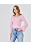 Women's Wide Round Neck Bebe Overlock Detailed Ribbed Knit Long Sleeve Blouse