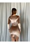 Women's Beige Velvet Asymmetrical Cut Mini Dress 10C-3455 - 4