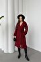 Women's Burgundy Belted Raglan Sleeve Buttoned Premium Cashmere Coat Nbkbn01