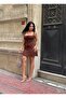Women's Brown Thick Strap Chest Tie Mini Dress Yel221699 - 2