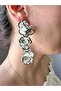 White Black Detailed Flower Design Long Brand Earrings - 3