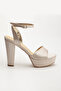Women's High Platform Open Back Heeled Beige Satin Evening Dress Shoes - 3