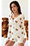 Cream Brown Teddy Bear Themed Buttoned Women's Jumpsuit Pajamas - 2