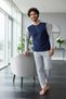 Gray Navy Blue Stylish Men's Long Sleeve Pajama Set - 5