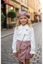 Girl's Beret Leather 3-Piece Set - Pearl and Stone Detailed Bowknot Shirt - Bowknot Suede and Leather Skirt