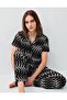 Women's black patterned pajama set – 50% cotton 50% modal, short sleeve shirt collar top & long bottom with pockets