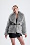 Women's Gray Shawl Collar Fur Coat with Leather Belt Thick Winter Warm - 2