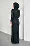 Black Gathered Front Lace Evening Dress - 4