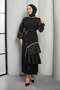 Black Ruffle Detail Organza Stone Embroidered Evening Dress