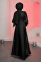 Black Sleeves Feathered Top Sequined Satin Evening Dress - 4