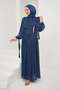 Navy Blue Evening Dress with Stone Detail on the Front and Tie-Up Sleeves
