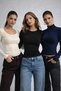 Women's Black-Cream-Navy Blue 3-Pack Finger-Loop, U-Neck and Half Turtleneck Long Sleeve Blouse - 3