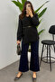 Women's Navy Blue Ribbed Detailed Pocketed Scuba Pants