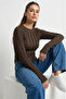Women's Textured Knitted Blouse 980 - Brown - 2