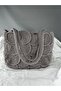 Women's Beige Glitter Macrame Hand-Knitted Snap-On Shoulder Bag Width 35 cm Length 27 cm Depth 7 cm