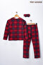 Girls' Cotton Suede Fabric Red Plaid Patterned Shirt Collar Button-Up Sleep Mask Pajama Set - 5